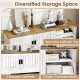 Farmhouse TV stand with spacious top, sliding doors, 2 storage cabinets, and 2 open compartments for versatile storage.