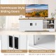 Farmhouse TV stand with sliding doors, featuring cut-out handles and smooth bottom track for easy access and storage.