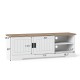Farmhouse TV stand with sliding doors, white finish, 2 cabinets, and 2 open compartments for TVs up to 65 inches.