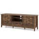 Rustic brown farmhouse TV stand with woven accent doors, three adjustable shelves, and ample storage for 65-inch TVs.
