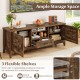 Farmhouse TV stand in rustic brown with 3 adjustable shelves, woven accent doors, and ample storage for TVs up to 65.