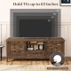Farmhouse TV stand in rustic brown, designed for 65-inch TVs, featuring 2 woven doors and 3 adjustable shelves.