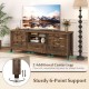 Farmhouse TV stand in rustic brown with 2 woven accent doors, 3 adjustable shelves, and sturdy 6-point support for.