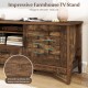 Farmhouse TV stand in rustic brown with woven accent doors, featuring 3 adjustable shelves for versatile storage.