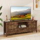 Rustic brown farmhouse TV stand showcasing woven accent doors, a central drawer, and cable management for an organized.