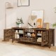 Farmhouse TV stand in rustic brown with woven accent doors, 3 adjustable shelves, and ample storage for 65-inch TVs.