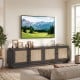 Farmhouse TV stand in black features elegant PE rattan doors, a sturdy base, and cable management for a tidy living room.
