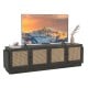 Farmhouse TV stand in black with PE rattan doors, designed for TVs up to 75 inches and featuring adjustable shelves.