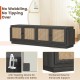 Farmhouse TV stand in black with PE rattan doors, designed for TVs up to 75 inches, featuring adjustable shelves and anti-toppling device.