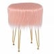Pink faux fur vanity stool with metal legs, stylish design for bedroom or living room, compact and stable seating.