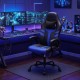Faux leather upholstered office chair in blue showcases a wide seat, high backrest, and ergonomic design for optimal support.