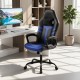 Ergonomic blue and black faux leather office chair with removable head pillow and rocking function for comfortable support.