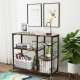 Rolling industrial kitchen baker’s storage shelf with 3-tier shelves and mesh basket, ideal for organizing kitchen.