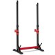 Adjustable squat rack stand in black and red, featuring 8-level height and 6-level width adjustments for home gym.