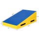 Incline wedge ramp gymnastics mat in blue and yellow, designed for safe training, with durable PVC exterior and handles.