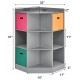 Gray 3-tier kids storage shelf corner cabinet featuring a triangular design with spacious cubes and colorful baskets.