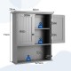 Dimensions of a dark gray wall-mounted bathroom storage cabinet, showcasing height, width, and shelf spacing for.