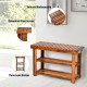 Freestanding wood bench with three-tier storage shelves, made of acacia wood, perfect for entryway or living room use.