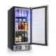 Compact refrigerator with stainless steel door, adjustable shelves, and LED lights, ideal for efficient cooling and.