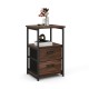 3-tier retro nightstand in walnut showcasing two removable fabric drawers and a spacious open shelf for easy access.