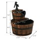 Dimensions of the 2-tier outdoor wooden barrel waterfall fountain with pump, highlighting its rustic design for garden.