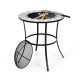 Round fire pit table with mesh cover and fire poker, featuring a durable steel frame, perfect for outdoor gatherings.