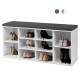 10-cube organizer shoe storage bench in white with padded cushion, featuring adjustable shelves for versatile entryway.
