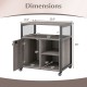 Dimensions of the gray file cabinet on wheels with charging station, featuring open shelves and lockable side cabinet.