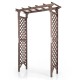 Flat top garden arch in brown wood, 85" tall, with lattice for climbing plants, ideal for weddings and yard entry.