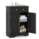 Black floor storage cabinet featuring a spacious countertop, drawer, and adjustable shelf for organized essentials.