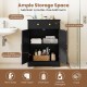 Black floor storage cabinet with doors, spacious countertop, and pull-out drawer for organized bathroom essentials.