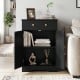 Black floor storage cabinet featuring a drawer, adjustable shelf, and two doors, ideal for organized living room or bathroom use.