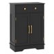 Black floor storage cabinet with doors, drawer, and adjustable shelf, ideal for organized bathroom or living room use.