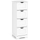 White wooden floor storage organizer with four drawers, cut-out handles, and narrow design for bathroom use.