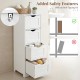 White wooden floor storage organizer with four drawers, anti-tipping features, and narrow design for bathroom use.