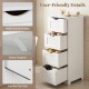 White wooden floor storage organizer with four drawers, cut-out handles, and anti-skid felt pads for bathroom use.