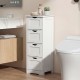 White wooden floor storage organizer with four drawers, designed for bathroom use, featuring a narrow design and arched.