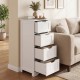 White wooden free-standing storage organizer with four drawers, designed for narrow spaces and easy access in bathrooms.
