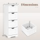 White wooden floor storage organizer with four drawers, dimensions shown, ideal for narrow spaces in bathrooms.