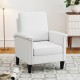 White floral accent chair with solid wood legs, high back, and padded cushions for comfortable farmhouse boho decor.