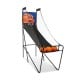 Side view of the foldable single shot basketball arcade game, showcasing the polyester mesh fence and compact design.