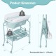Folding baby changing table with bathtub, blue, featuring 4 wheels, storage basket, and dimensions for infants 0-12.