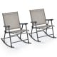 Set of 2 folding rocking chairs with breathable brown seat fabric and heavy-duty metal frame for outdoor relaxation.