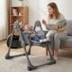 Foldable high chair in gray with detachable cushion, adjustable height, and safety features for babies and toddlers.