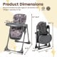 Product dimensions of the gray foldable high chair with detachable cushion, suitable for kids aged 6-36 months.