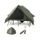 Foldable 2-person camping cot tent in green with pop-up design, includes wheeled bag for easy transport and setup.
