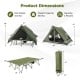 Foldable 2-person camping cot tent in green with dimensions, featuring a waterproof rainfly and portable wheeled bag.