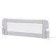 Foldable bed rail in light gray with soft padding, adjustable strap, and T-shaped legs for toddler safety and stability.