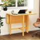 Foldable dining table in natural finish with rubber wood legs, ideal for small spaces, featuring drop leaf design.
