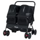 Foldable double pet stroller in black with adjustable sunshade, safety leash, and storage baskets for multiple pets.